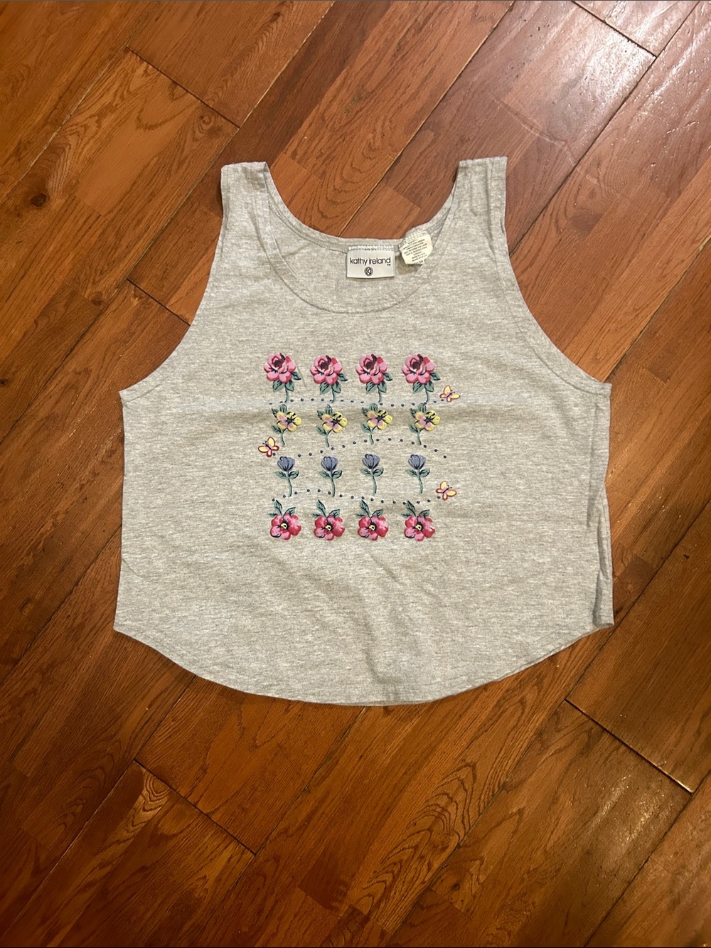 Kathy Ireland Light Gray Floral Tank Top Cottagecore Granny Vintage 90s